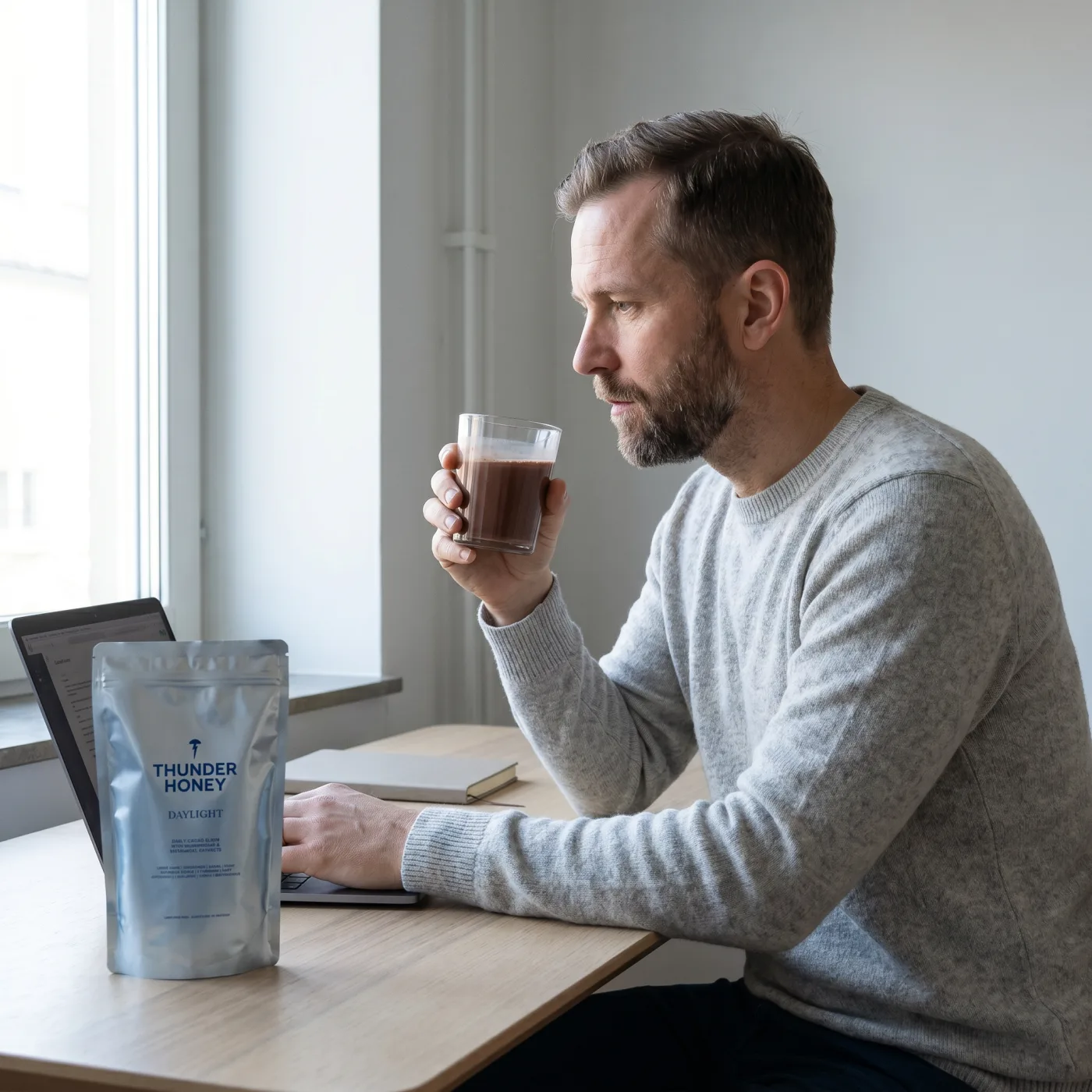 Health-optimising man relaxing in a sauna, recovering with his no-added-caffeine Thunder Honey ritual