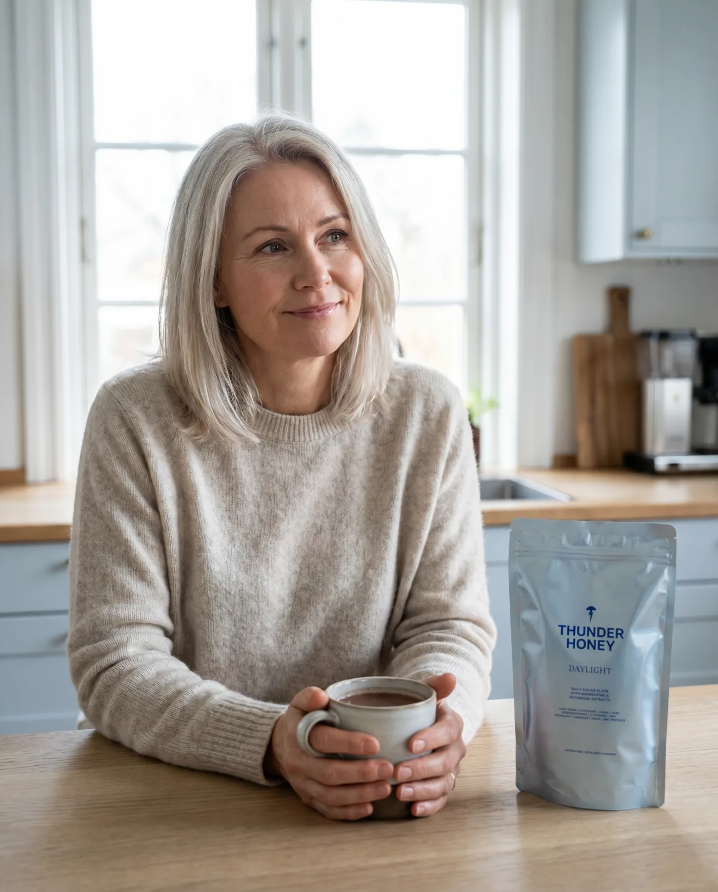 Calm woman in her late forties enjoying a warm cup of no-added-caffeine Thunder Honey cacao
