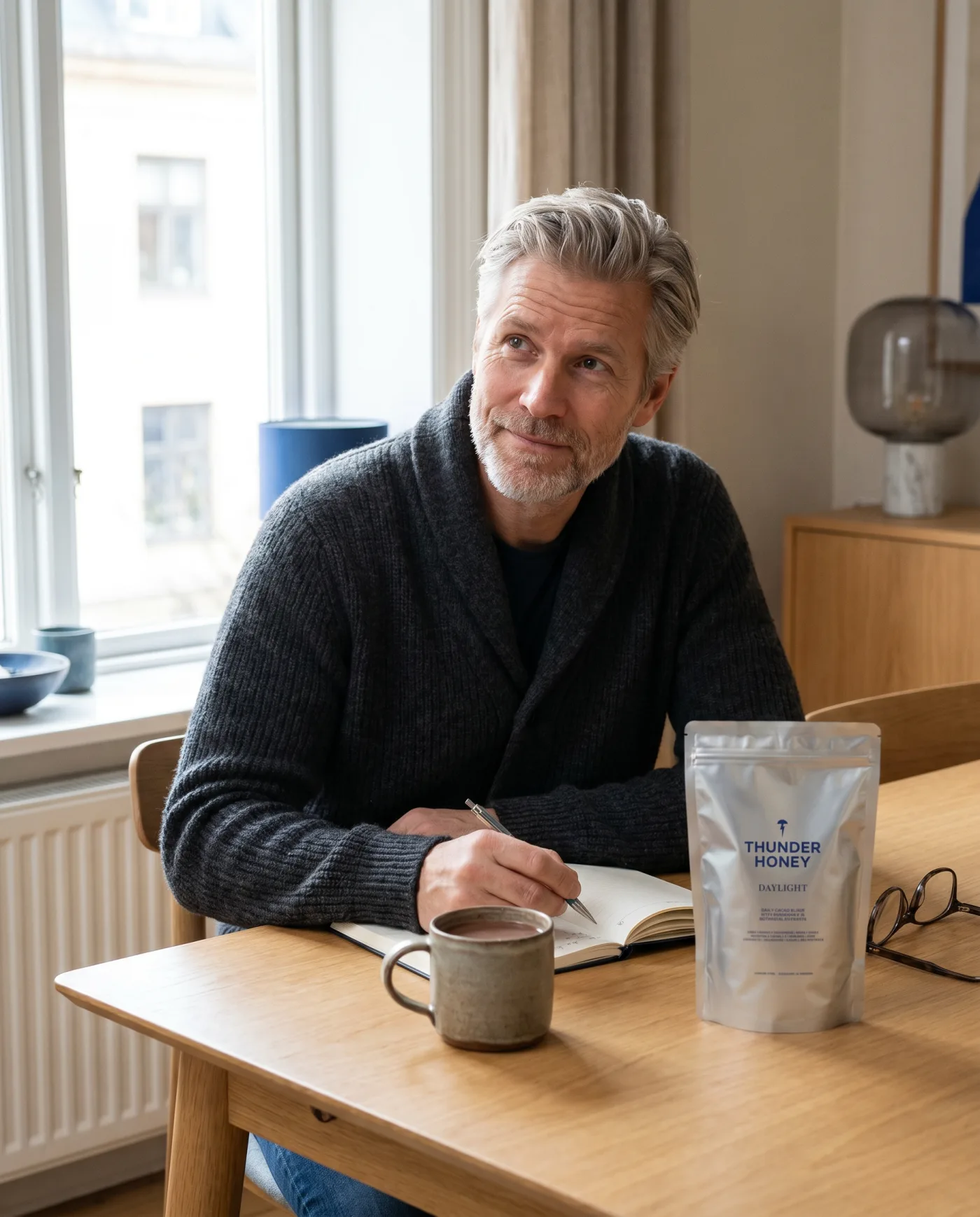 Discerning man in his fifties with a cup of no-added-caffeine Thunder Honey cacao, a label reader who checks the doses