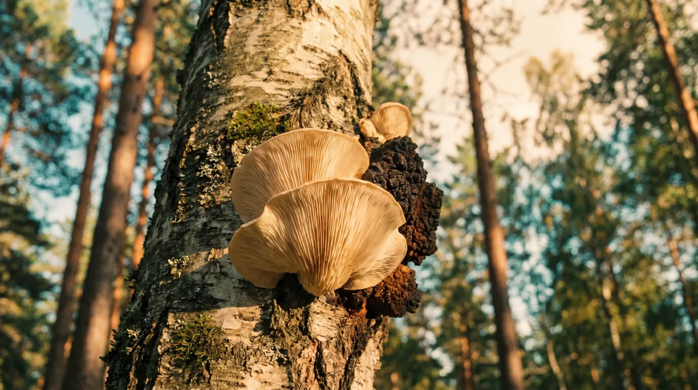A bracket fungus growing on a birch trunk in a Nordic forest