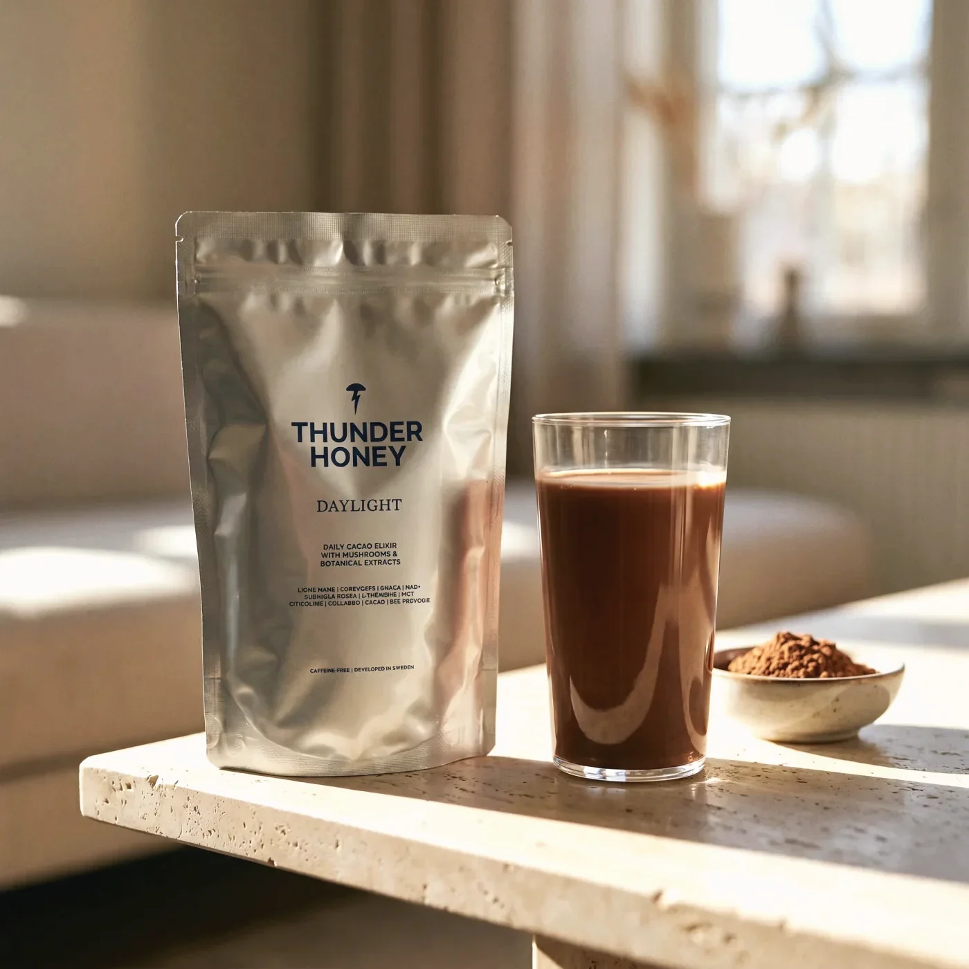 Still Nordic lake at calm light, reflecting the Thunder Honey ethos