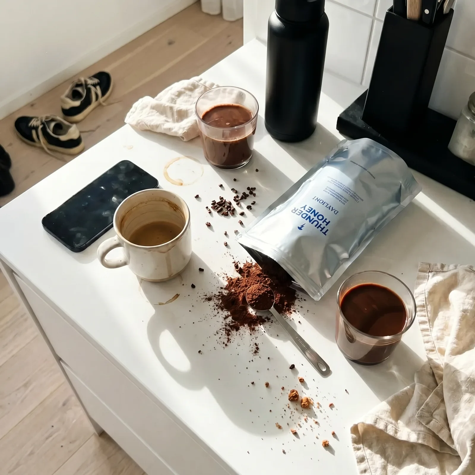 Grundaren rör ner funktionella svampar i morgonens kakao i ett kök i Stockholm