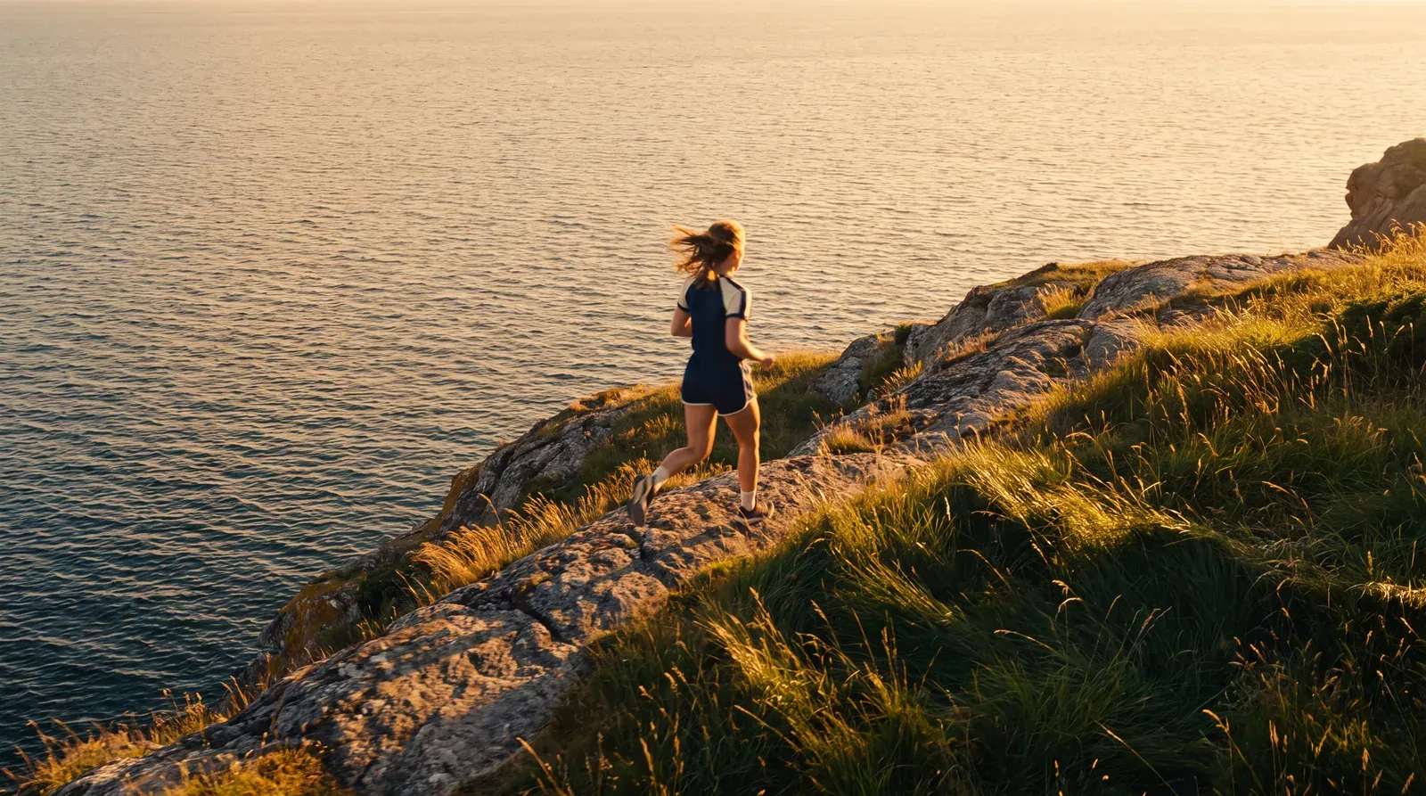 A runner on the rocks of a Nordic coastline at golden hour, the sea calm behind her