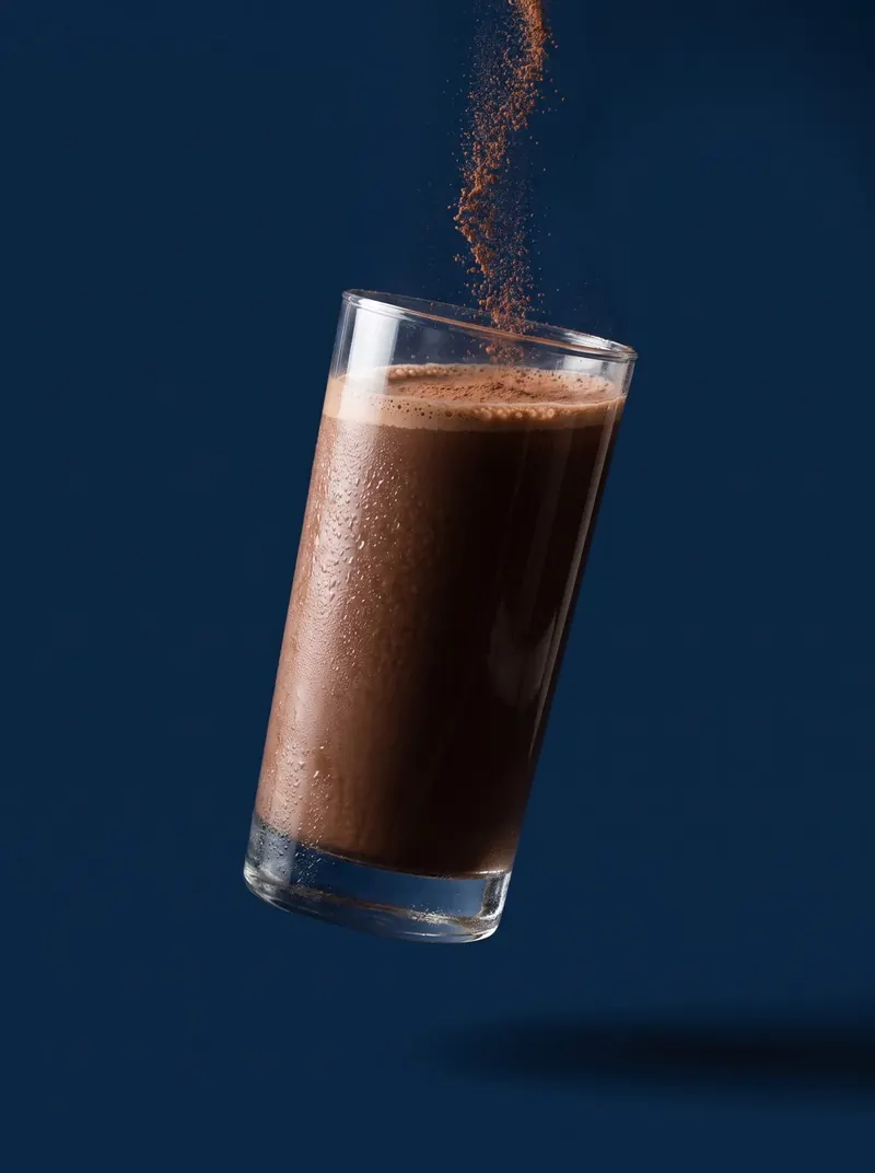 Cacao powder falling into a glass of the drink on navy
