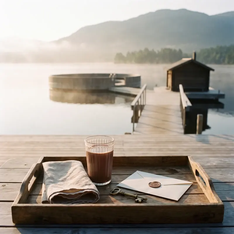 A glass of cacao on a wooden tray on a misty jetty