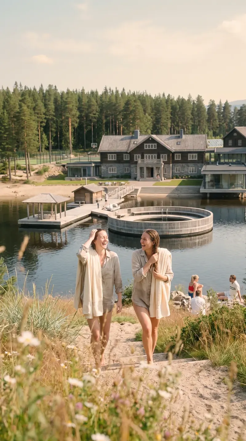Two women in robes walking up from a lakeside bathing pool