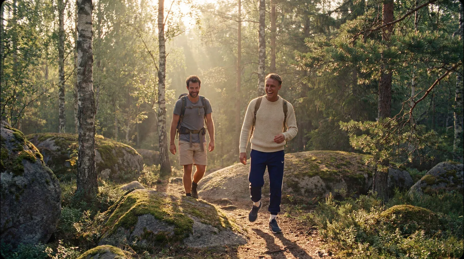 Two runners on a sunlit forest trail between pines and mossy rocks