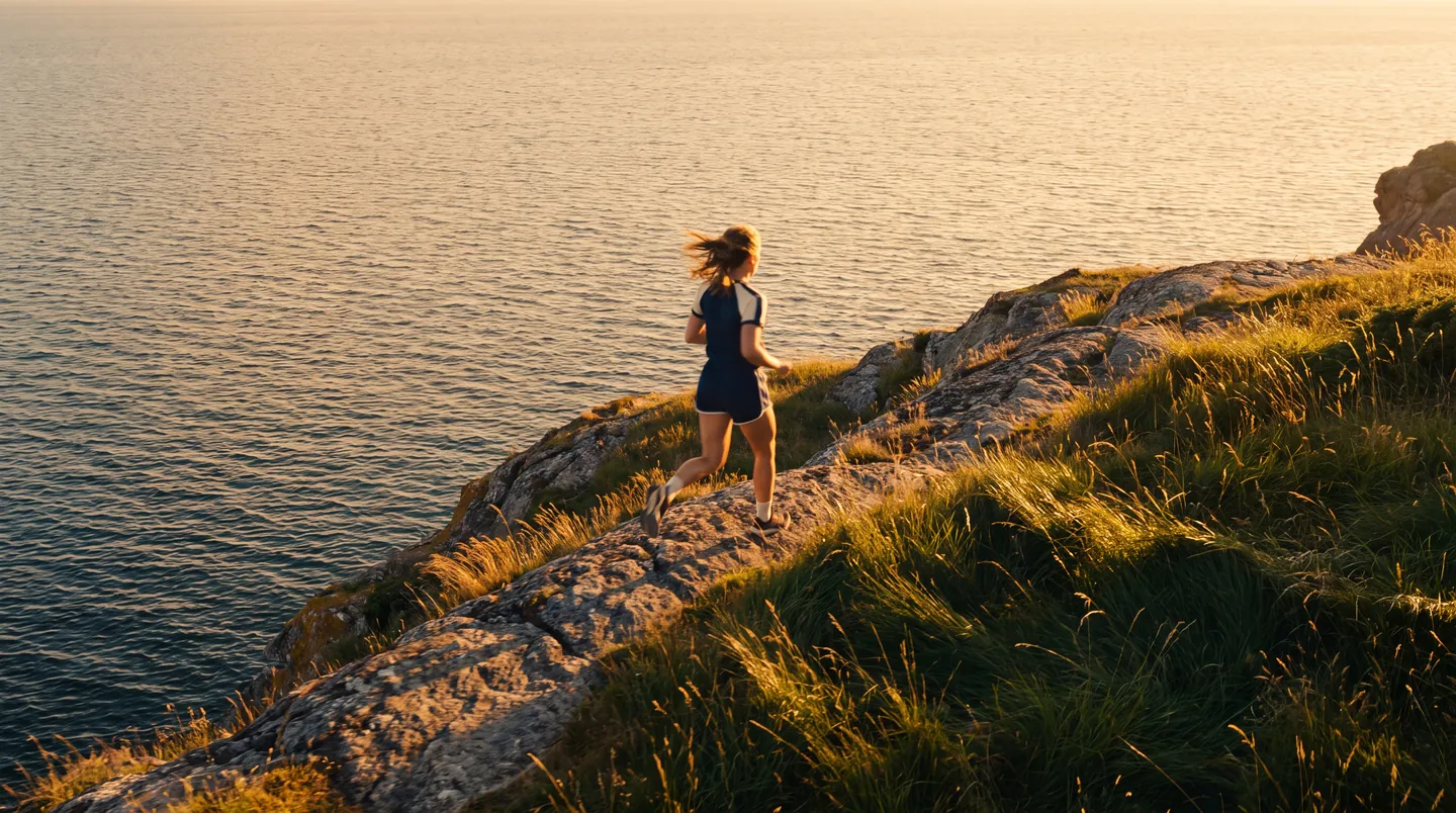 A lone figure on a rocky headland above the bay in low golden light