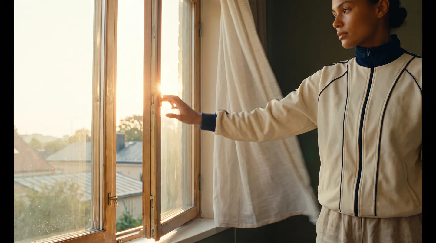 A woman opening the curtains to the first light of the morning