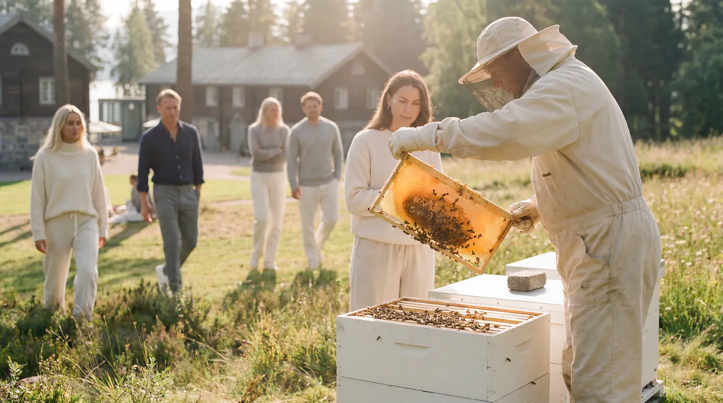 A beekeeper lifting a frame from a hive while guests watch in the meadow