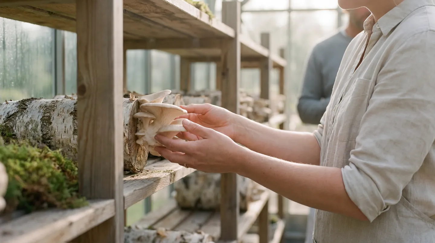 Hands holding a fresh fruiting body in the growhouse