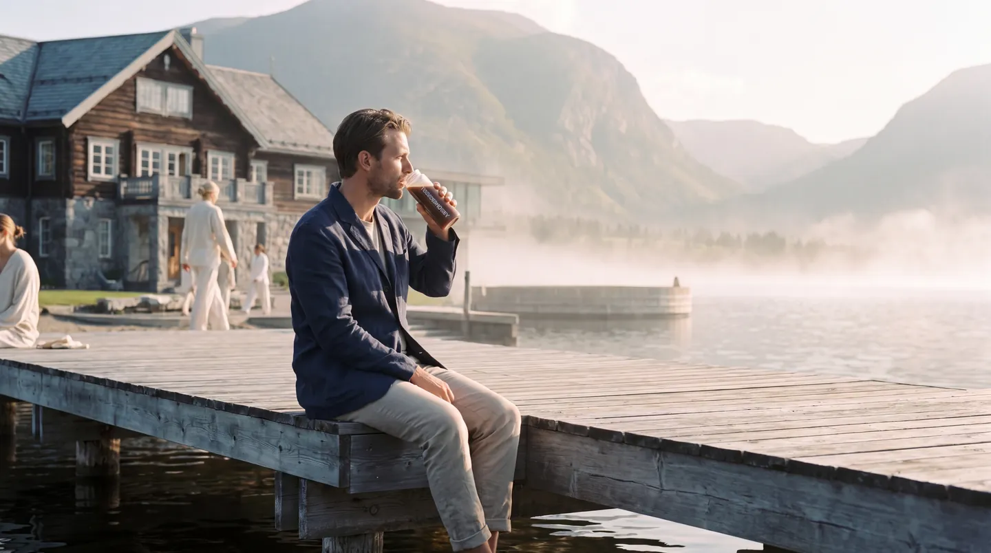 A man drinking a glass of warm cacao on a lakeside dock in the morning mist