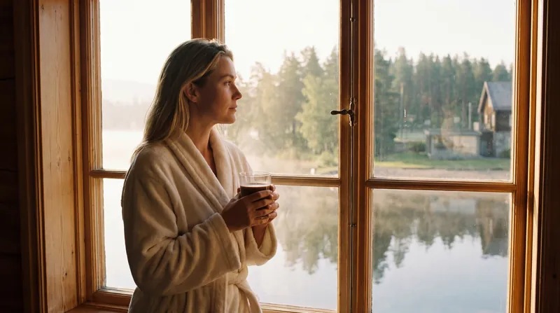 A woman in a robe with a cup at a lakeside window