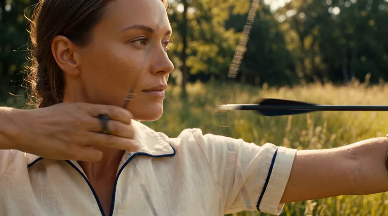 A woman at full draw with a bow, eyes on the target