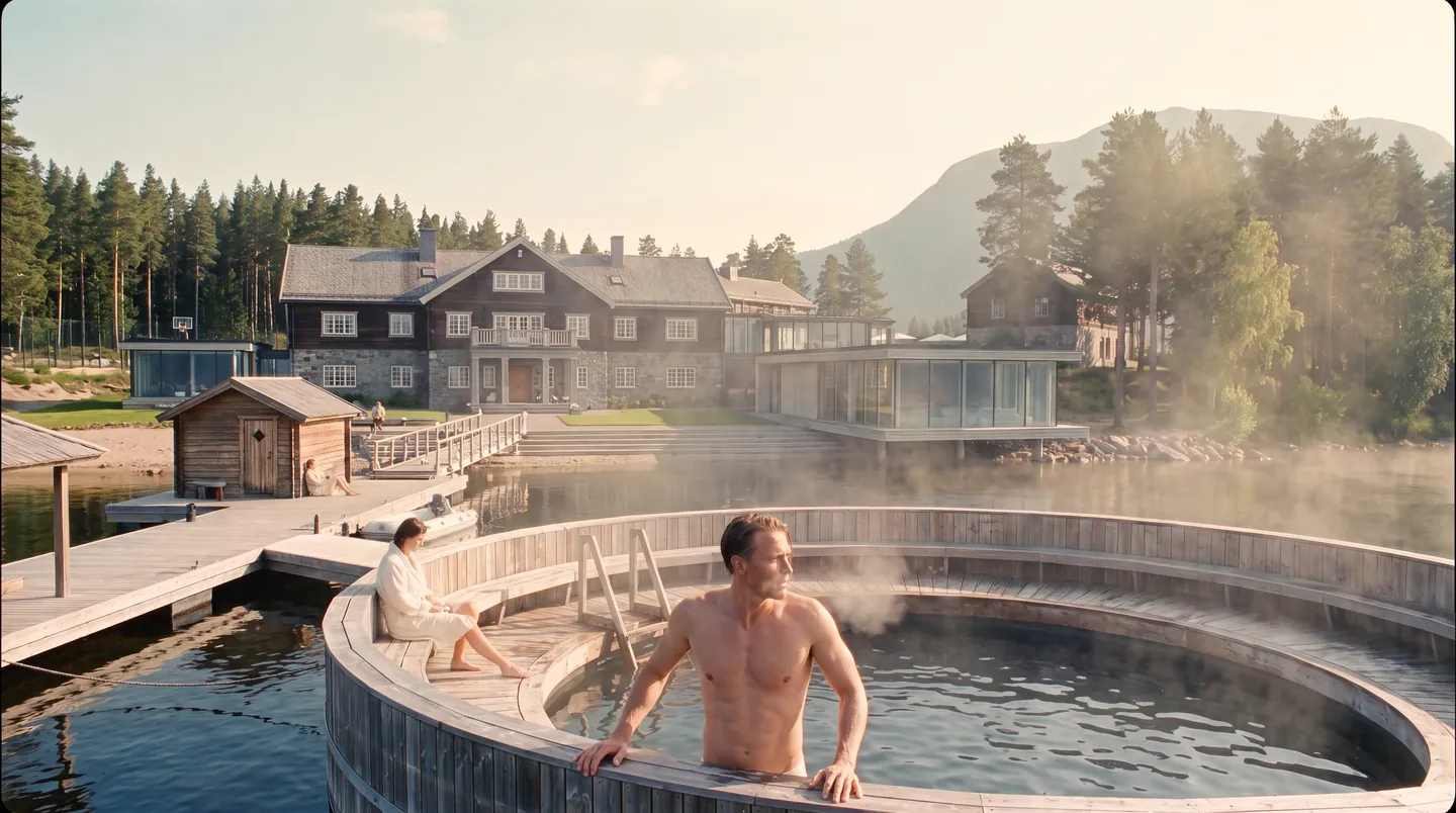 A cold tub on a dock, steam over the water, the cool-down half of a round
