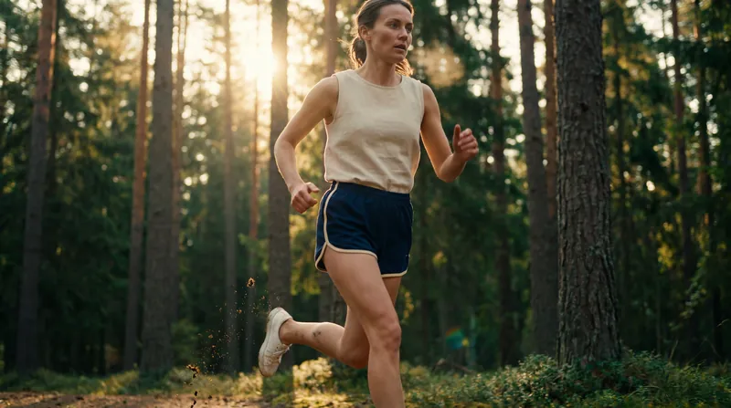 A woman running through a sunlit pine forest