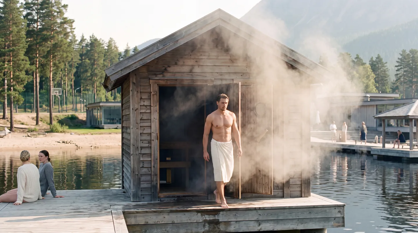 A man stepping out of a steaming sauna hut by the water