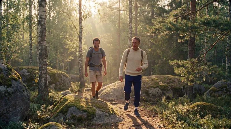Two walkers on a forest trail in low sun