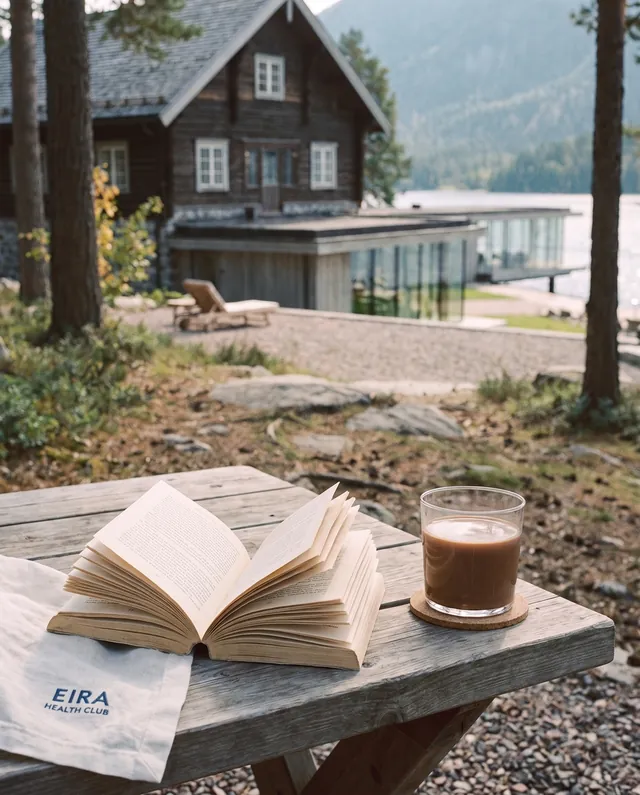 An open book and a glass of the warm cacao on the terrace table