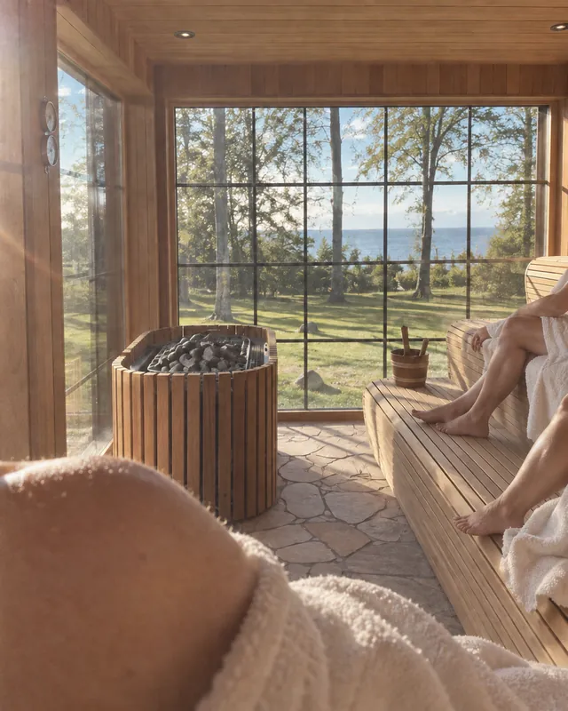 Inside the sauna, the stove and the bench facing a wall of windows