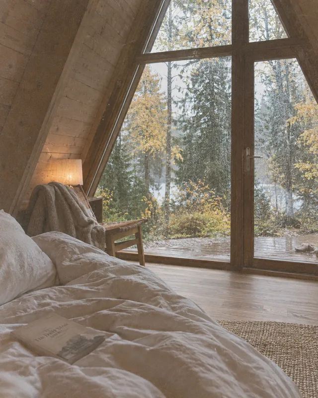 An unmade bed in a timber room, morning light through tall windows