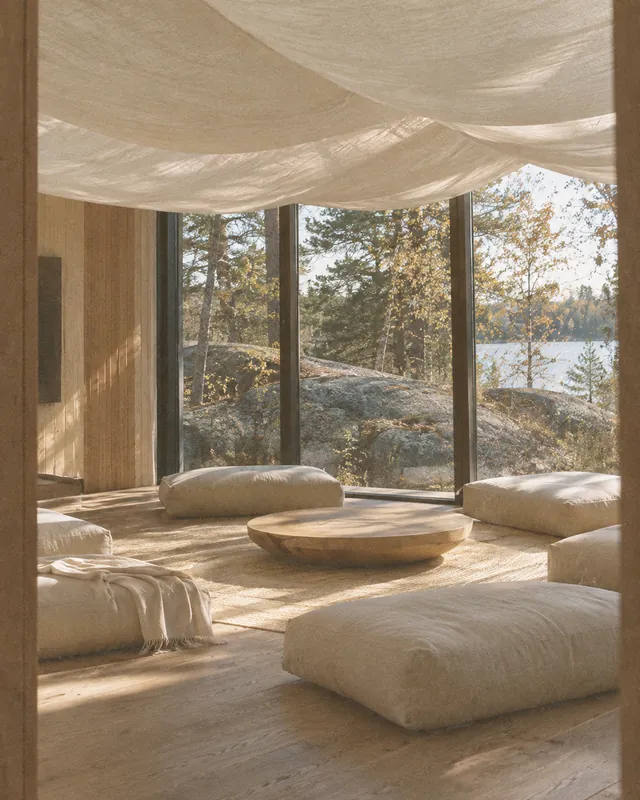 A quiet room of floor cushions under a linen canopy