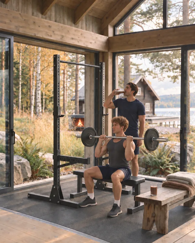 Two members lifting in the timber gym with the lake behind them
