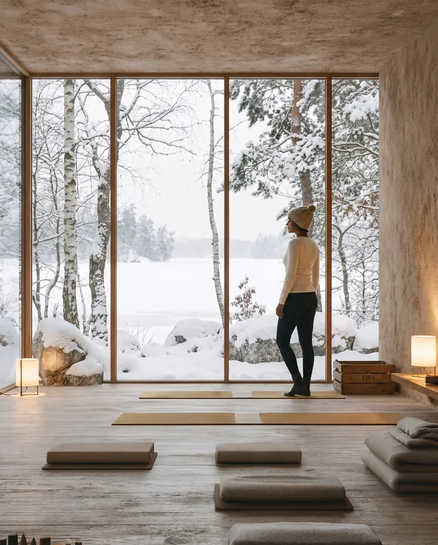 Standing at the tall window of the studio on a snowy morning