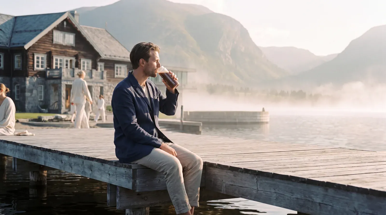 The first cup of the day, out on the dock above the misty lake