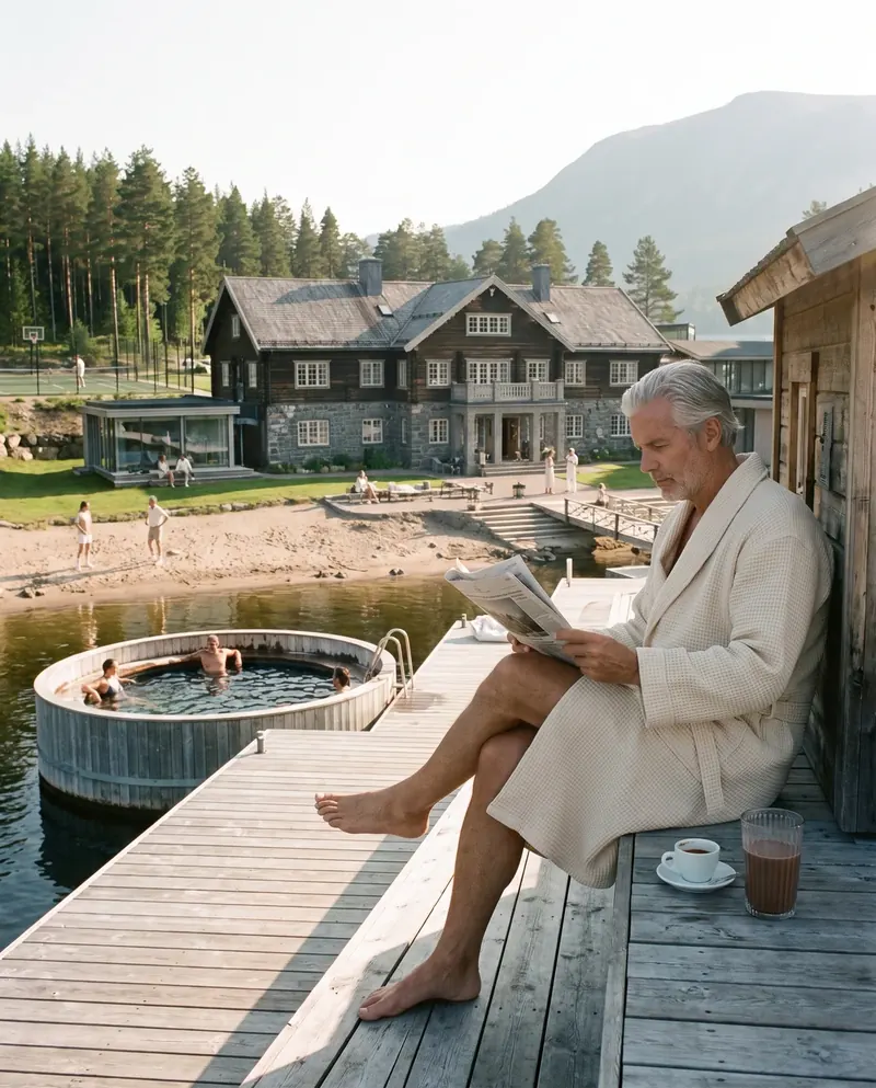 Reading the paper in a robe beside the wooden tub
