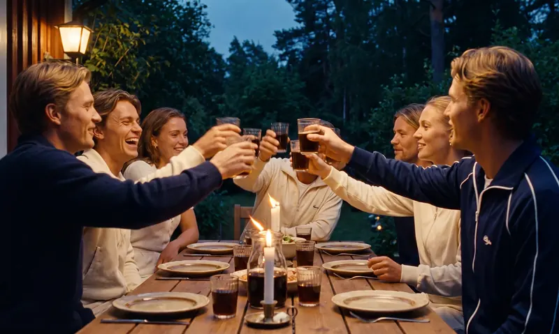 An outdoor table in the evening, glasses raised