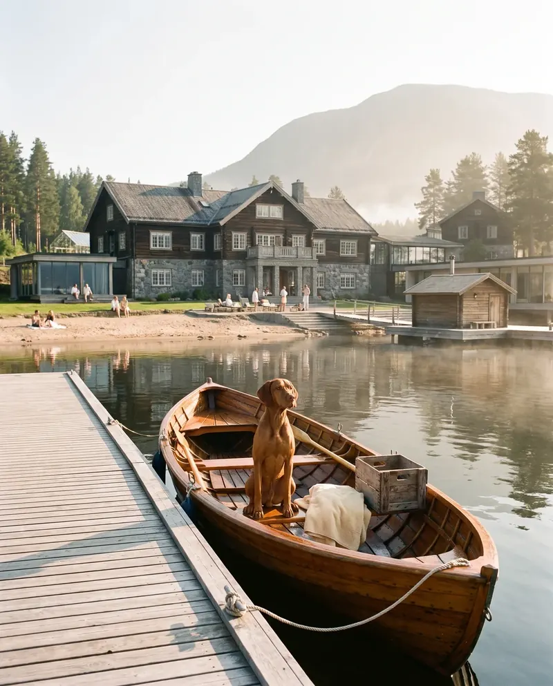 A wooden rowing boat moored at the dock