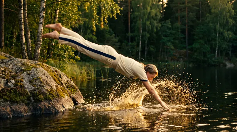 A diver launching off the rocks into the lake