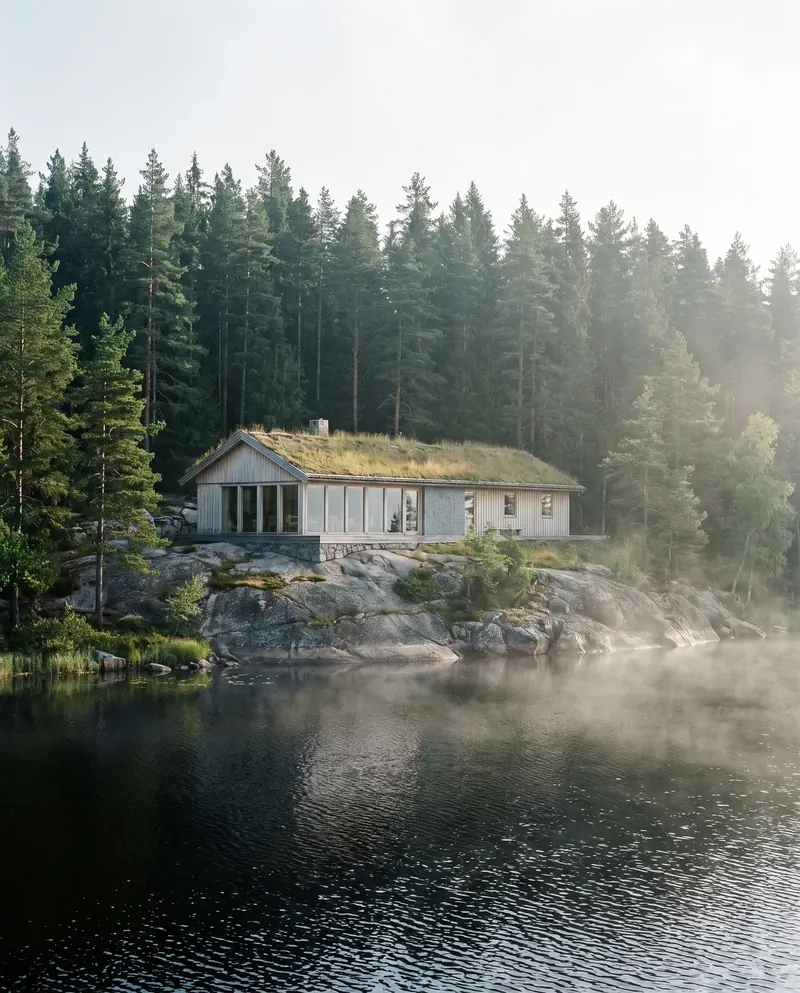 The timber club house above the misty lake