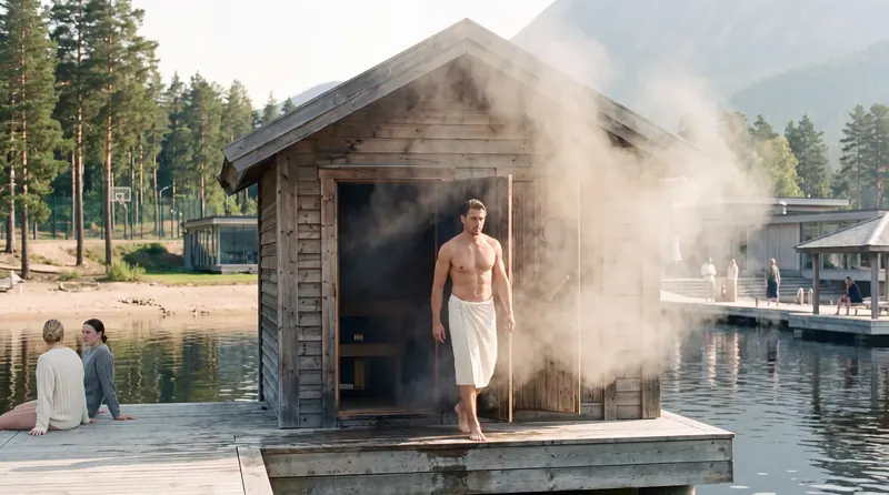 Steam rolling off the sauna hut by the water