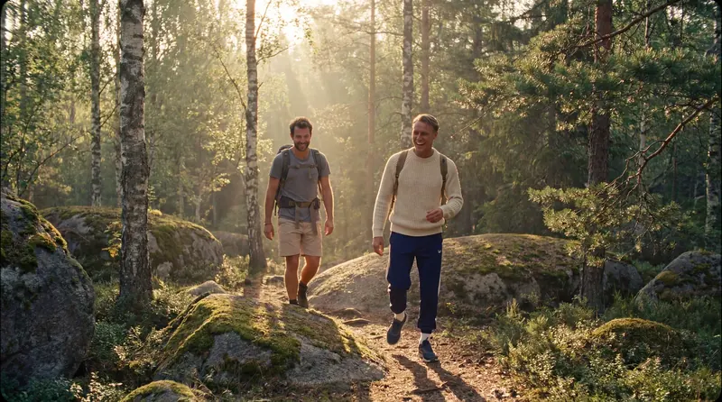 Two walkers on a forest trail in low sun