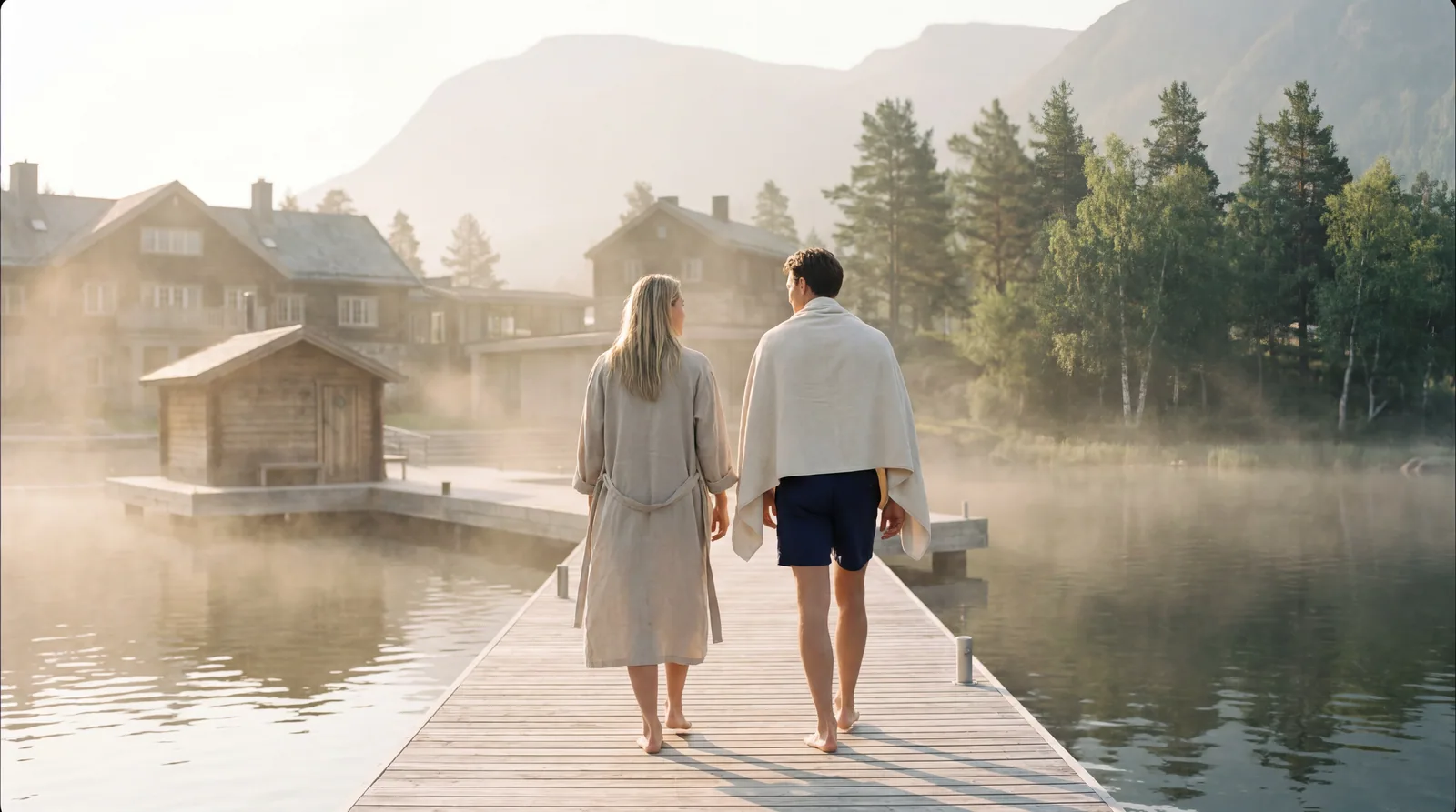 Two people walking out along a timber dock over the water in early light