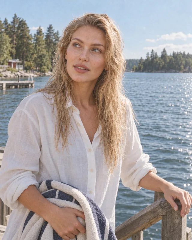 A member on the dock in the late sun, the lake behind her