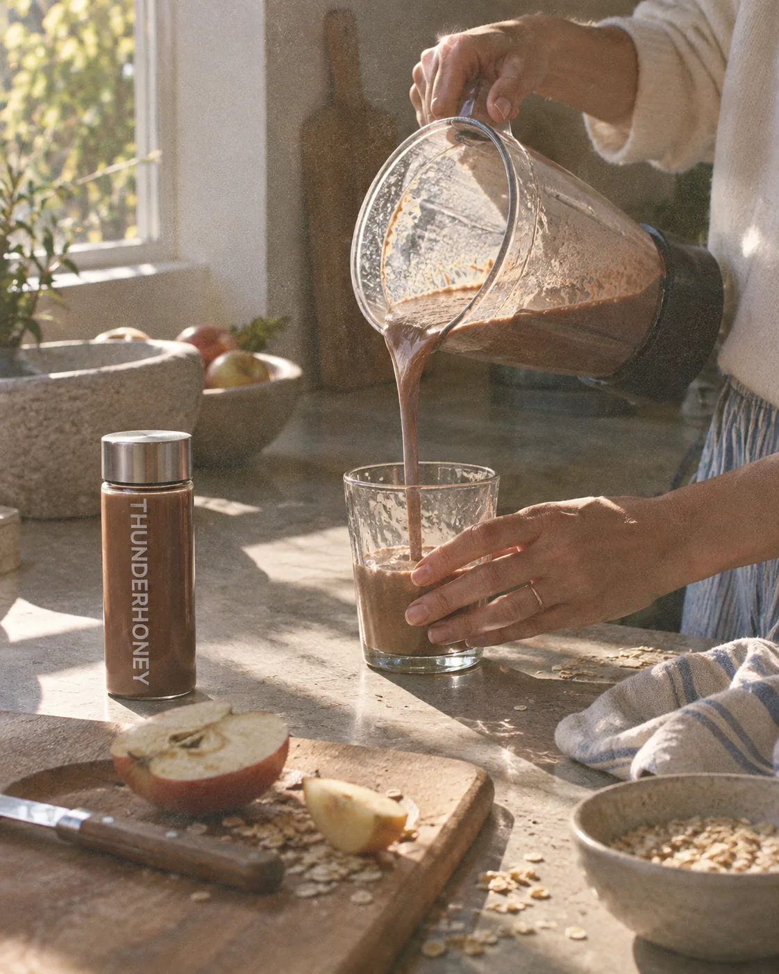 Pouring the cup slowly at a sunlit kitchen counter, the few quiet minutes that mark the start