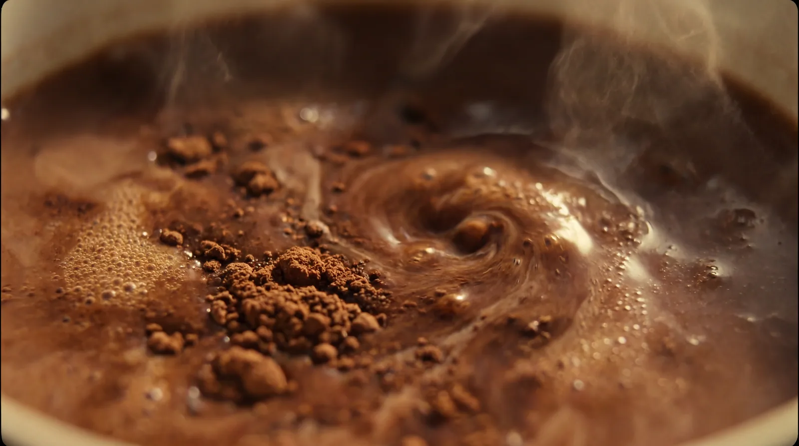 Cacao close up, the powder settling into a warm cup