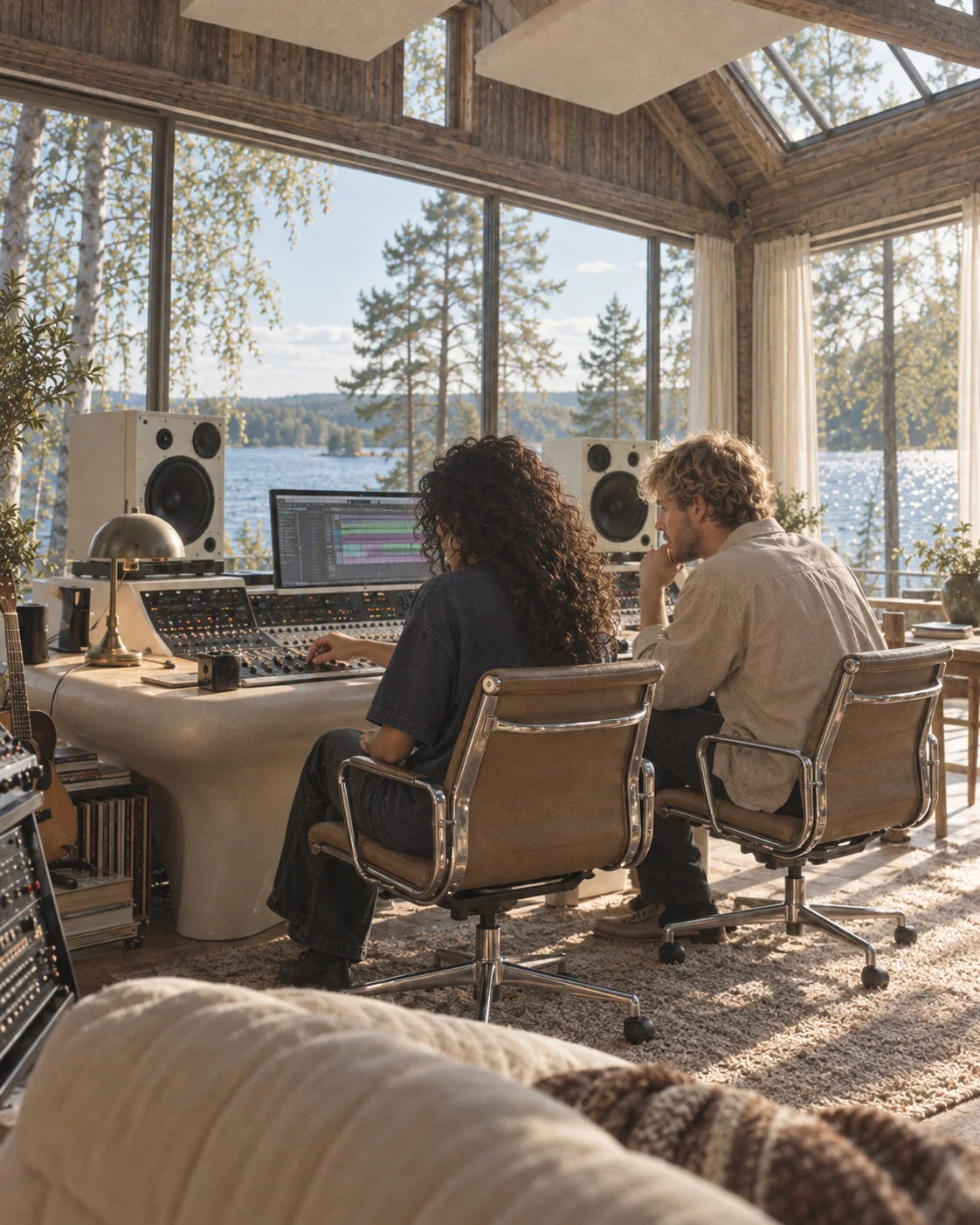 Two people at a mixing desk in a lakeside studio, heads down over one more pass of the track