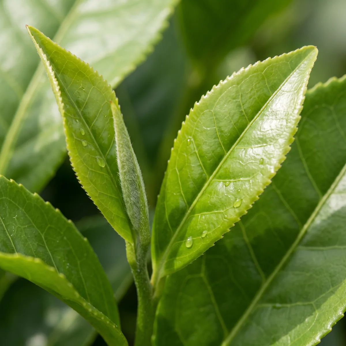 Fresh green tea leaves up close, the plant L-Theanine is found in