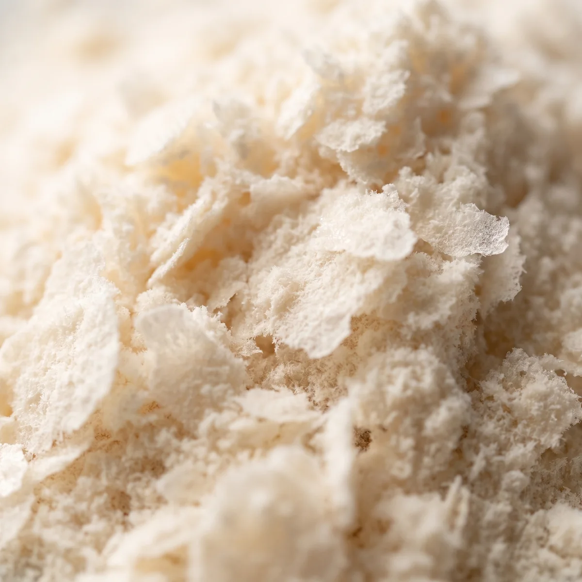 Collagen peptides up close, an ivory, fluffy powder with fine flakes