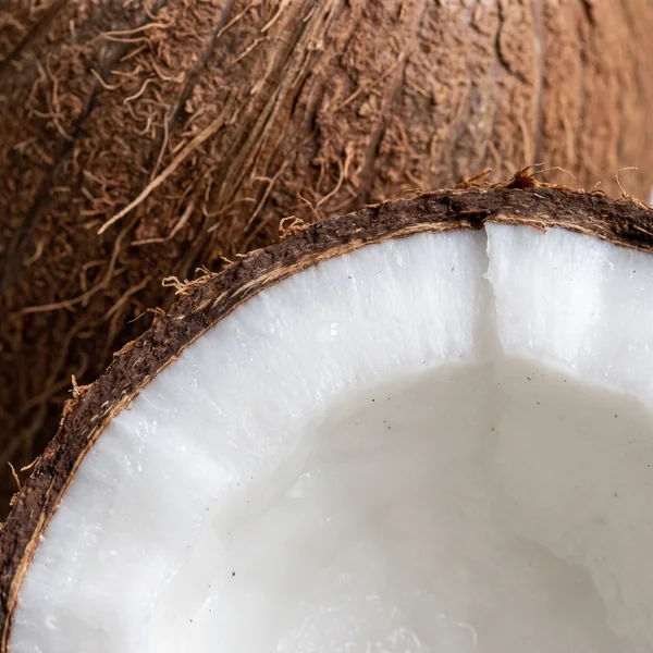 A fresh coconut split open, white flesh inside the brown fibrous shell, the source of MCT