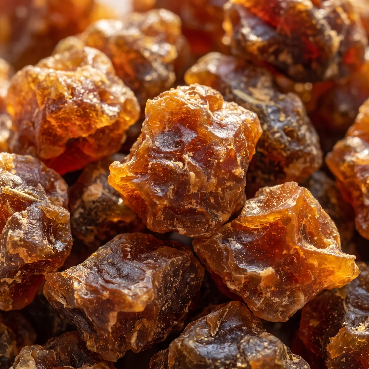 Bee propolis up close, glowing amber pieces of hive resin
