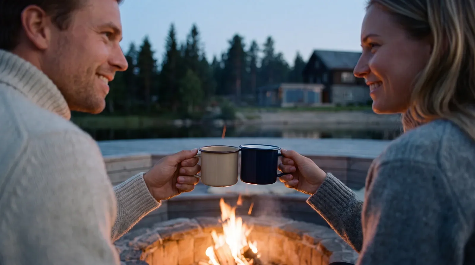 Two friends raising mugs of cacao to each other across a fire pit by a lake at dusk