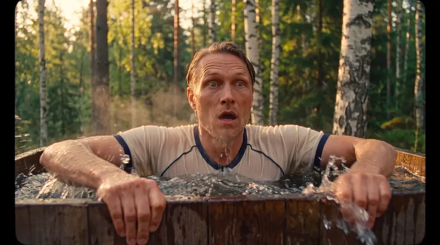 A man in a wooden cold plunge tub among birch trees, early morning