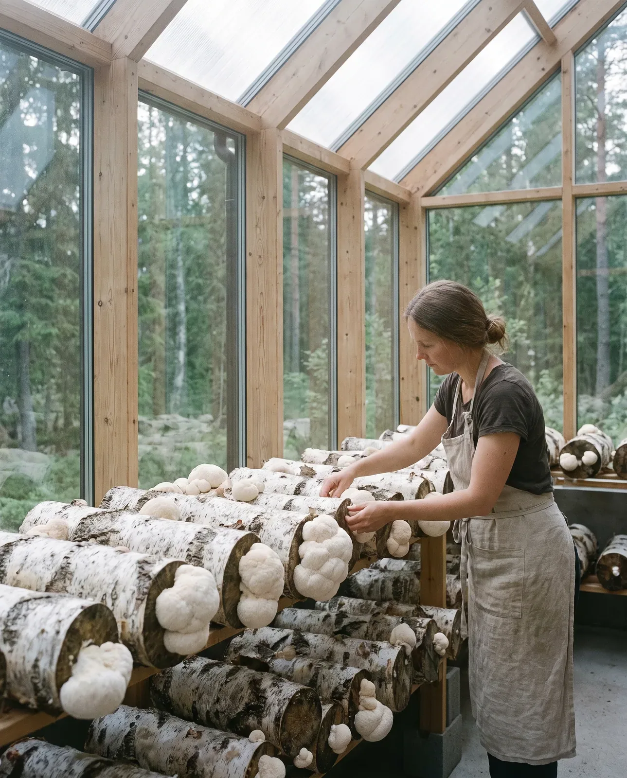 A grower in a linen apron tending Lion's Mane mushrooms on birch logs inside a glass grow house