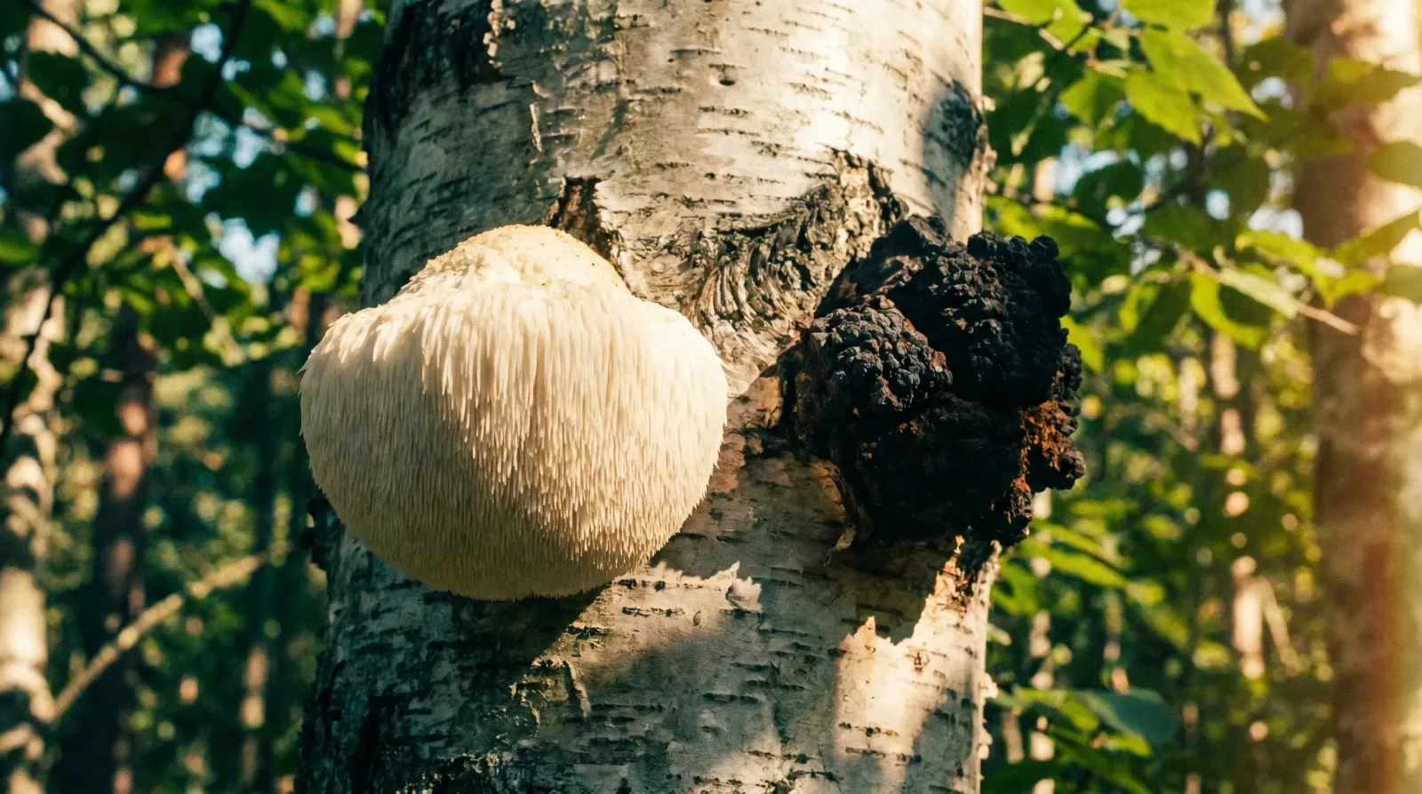 Wild functional mushrooms on a forest floor, the dual-extracted Lion's Mane, Cordyceps and Chaga behind Thunder Honey Daylight