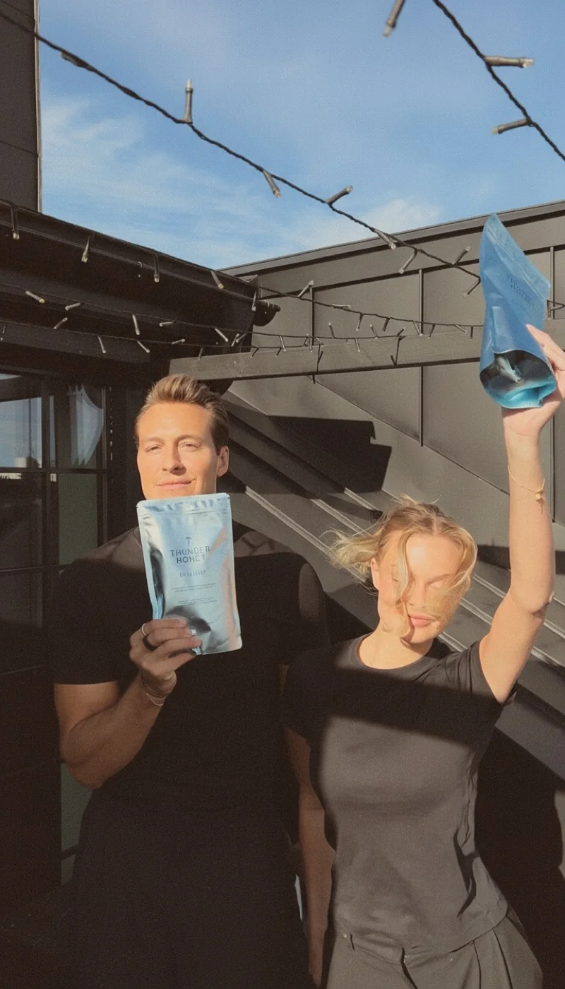 Thunder Honey founders Joakim Bjarke and Nina Strauss on a rooftop, holding the Daylight pouch up to the sky